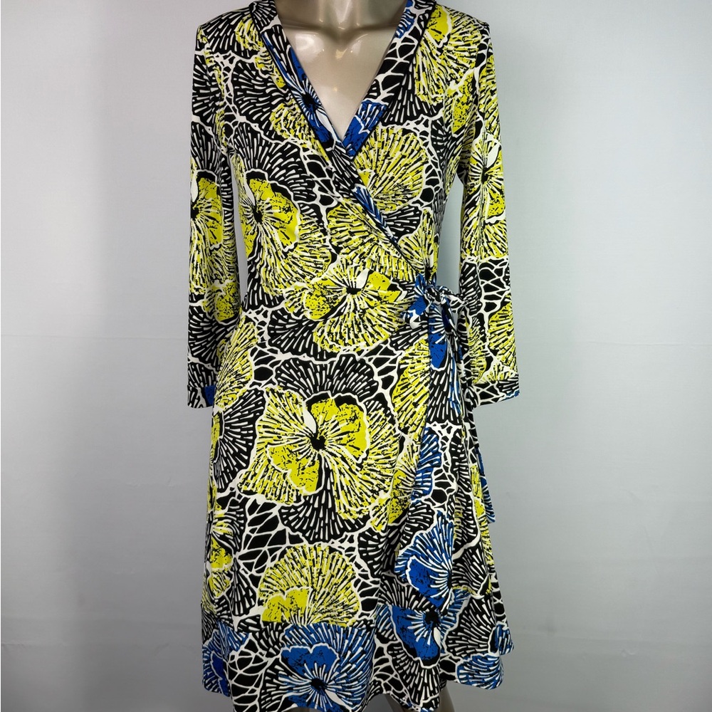 BCBGMaxAzria Yellow and Blue Long Sleeve Wrap Dress
